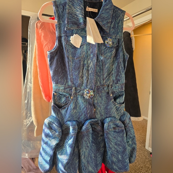 AREA NYC Fur Printed Godet Mini Dress Indigo Multi – size 4 NWT - Picture 6 of 8